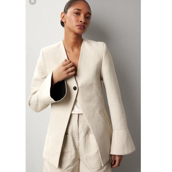 Co Beige Wool Hemp Blend Peplum Bell Sleeves One Button Blazer Jacket Size Small - Picture 3 of 9